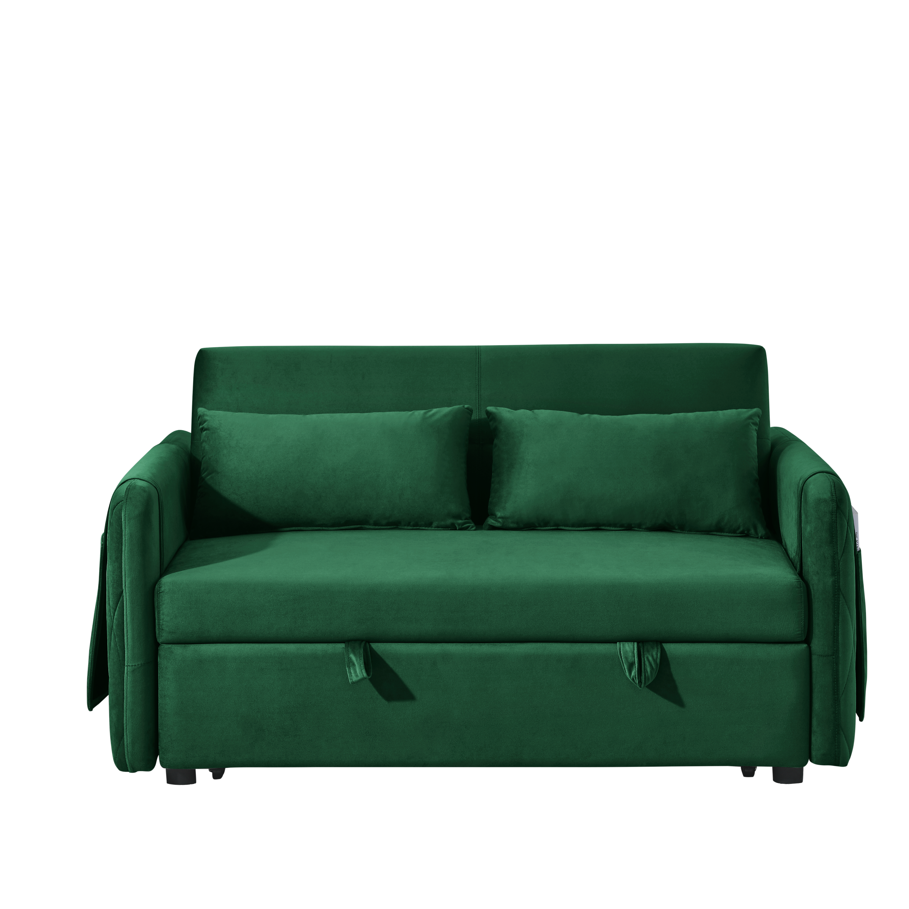 55' Modern Convertible Sofa Bed with 2 Detachable Arm Pockets, Velvet Loveseat Sofa with Pull Out Bed, 2 Pillows and Living Room Adjustable Backrest, Grid Design Armrests