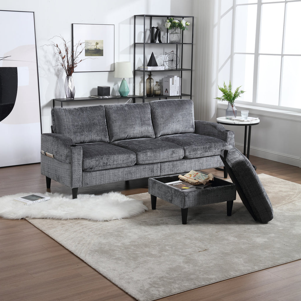 UNITED  WE WIN Sofa for three, solid wood frame, Chenille fabric, side pocket, with two cup holders, footstool with storagestorage sofa /Living room sofa cozy sectional  sofa