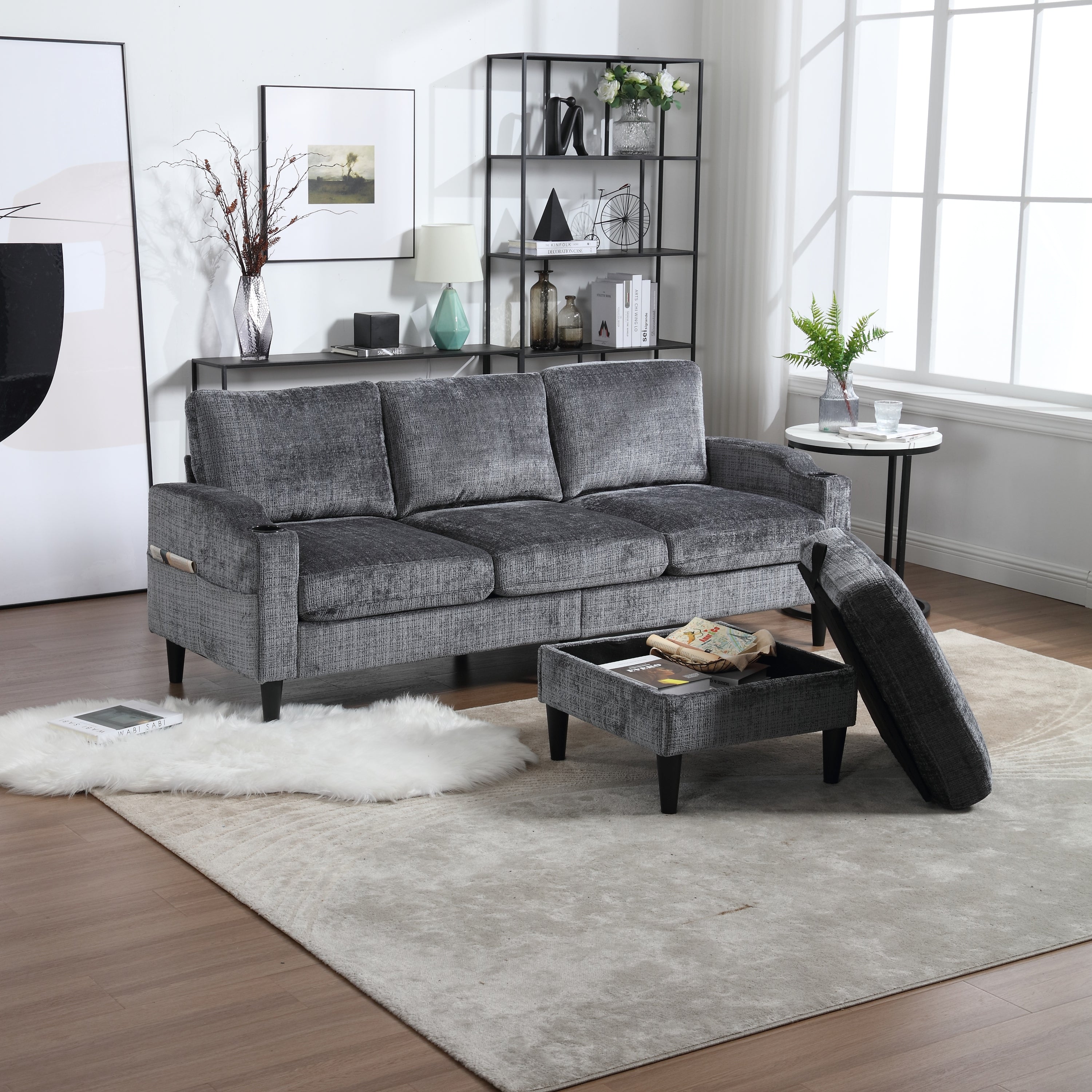 UNITED  WE WIN Sofa for three, solid wood frame, Chenille fabric, side pocket, with two cup holders, footstool with storagestorage sofa /Living room sofa cozy sectional  sofa