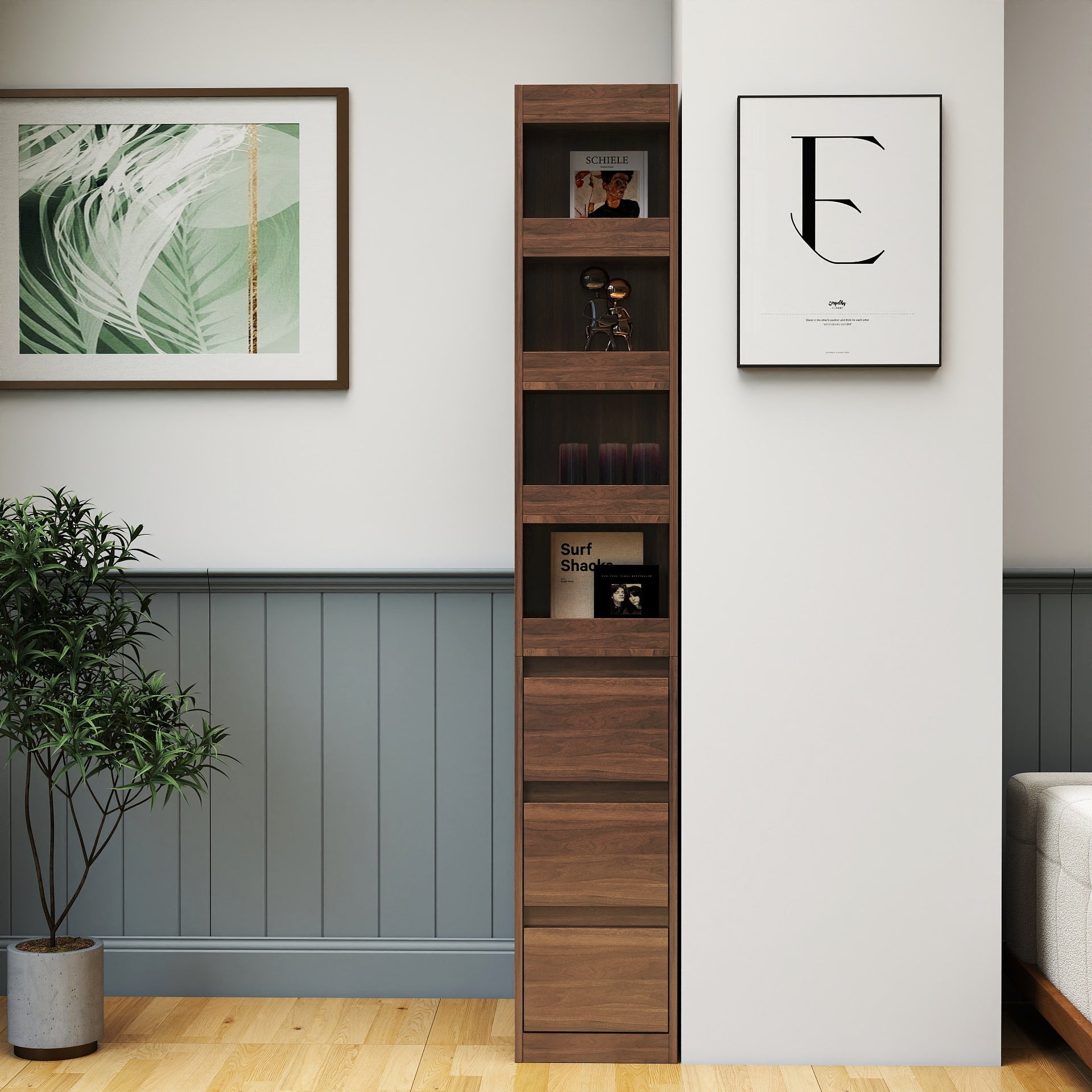 70.87' H Display Storage  Cabinet , 4-Tier Shelf, 3 Side Drawers & 4 small display shelves , Modern Wooden Tall Bookshelf Bookcase for Living Room Home Office