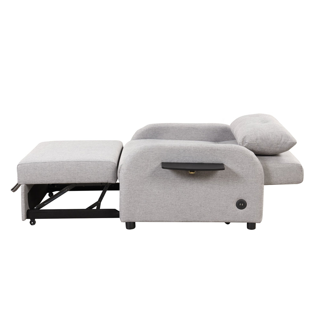 3-in-1 Pull Out Sofa Sleeper with Wing Table and USB Charge, Gray Linen, Iron Frame, 36.2-71.7'D x 42.9'W x 35.8'H
