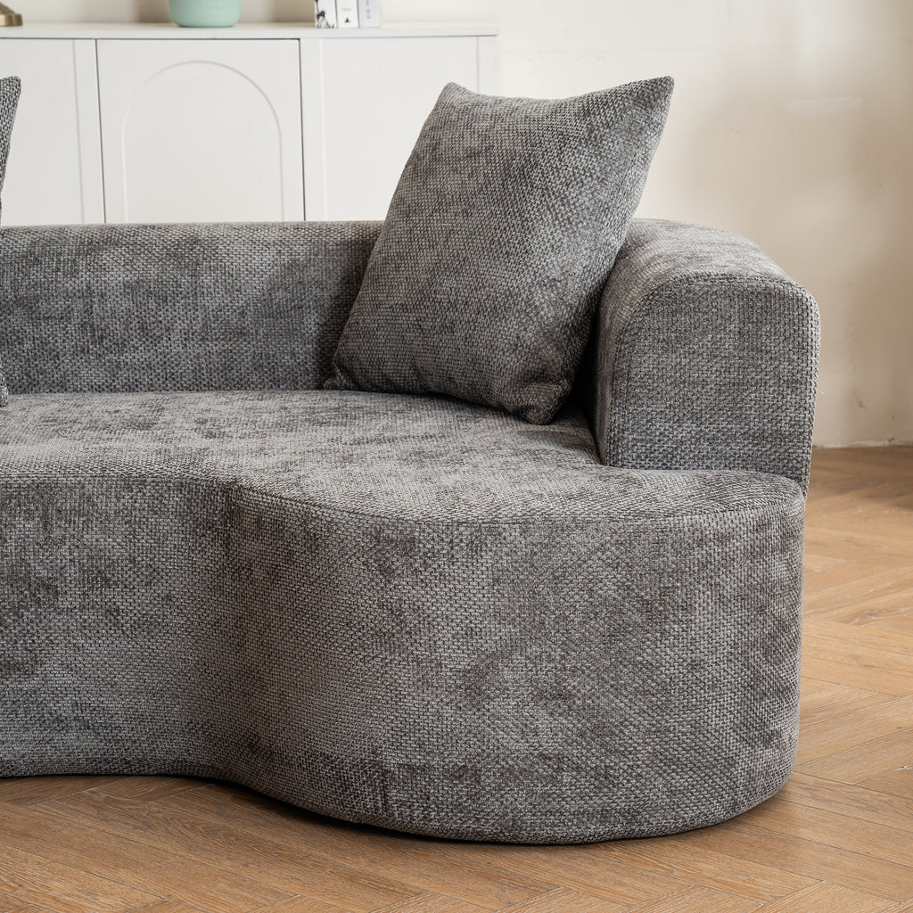Modern Style Gray Curved Sofa, Soft Cushioned Corduroy Sofa with 3 Pillows, Living Room Cream White Super Smooth Curved Fabric Sofa