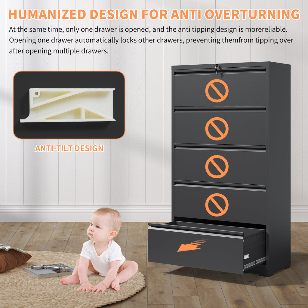 Modern Black 5-Drawer Steel Lateral File Cabinet with Lock for Legal/Letter/A4/F4 Files