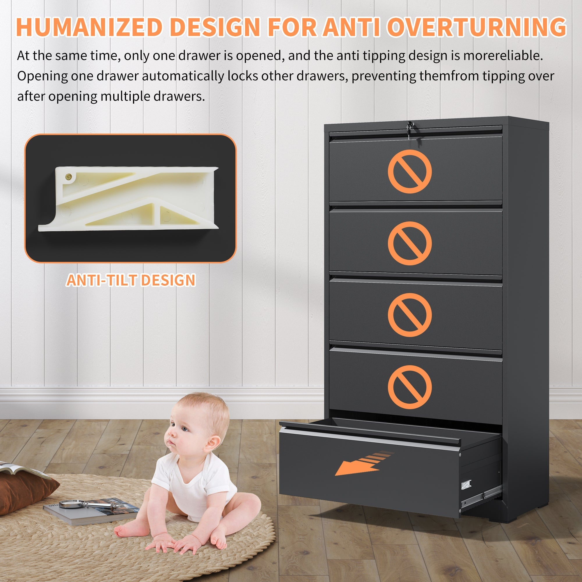 Modern Black 5-Drawer Steel Lateral File Cabinet with Lock for Legal/Letter/A4/F4 Files