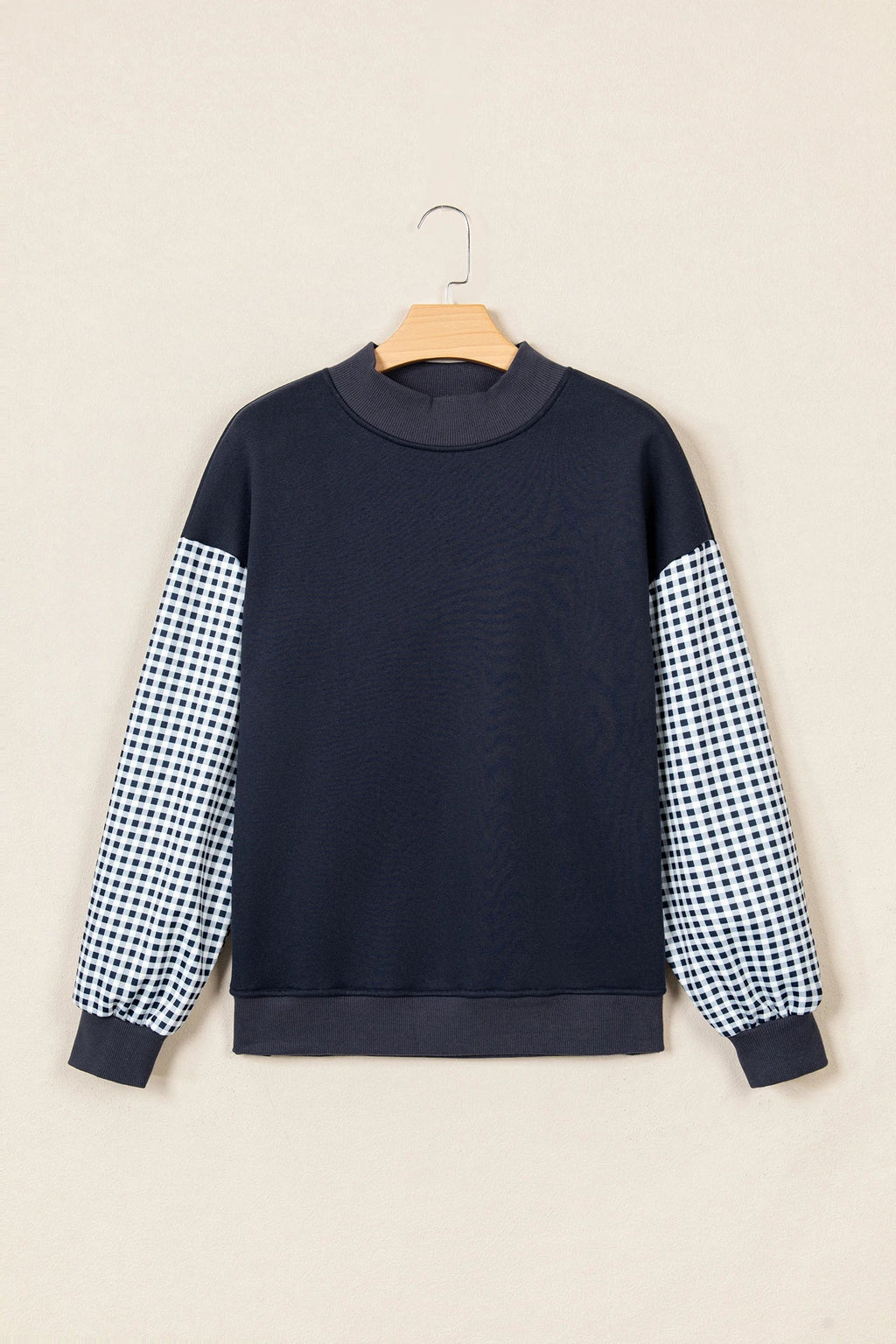 Gingham Colorblock Mock Neck Long Sleeve Sweatshirt