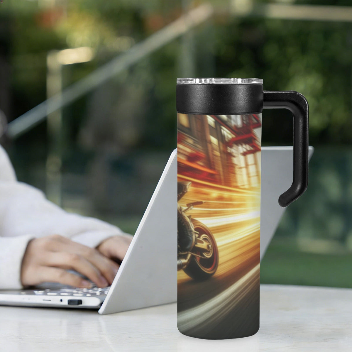 Speeding Motorcycle 20oz Insulated Water Bottle with Screw On Handle