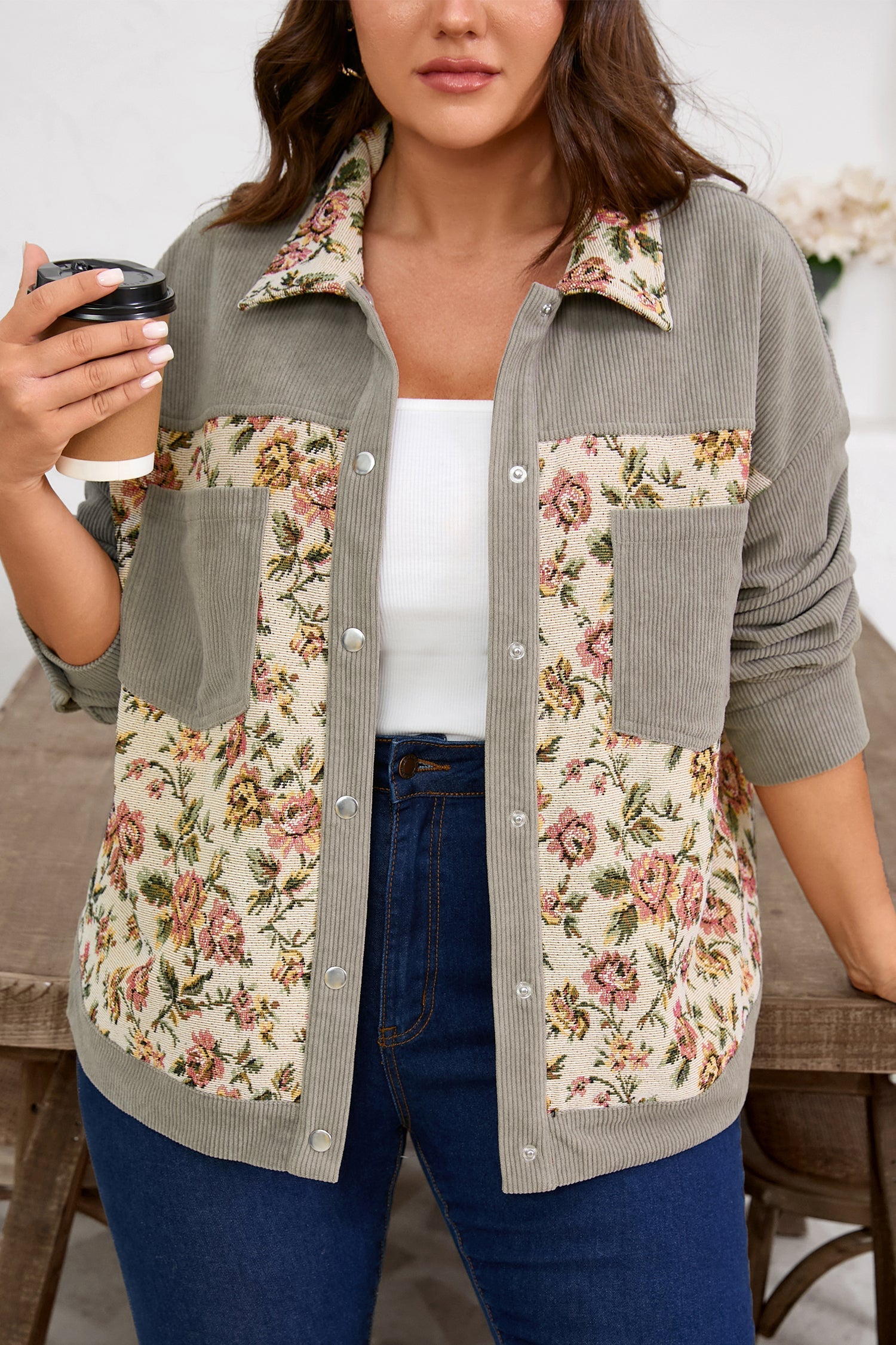 Plus Size Floral Patchwork Corduroy Pocketed Jacket
