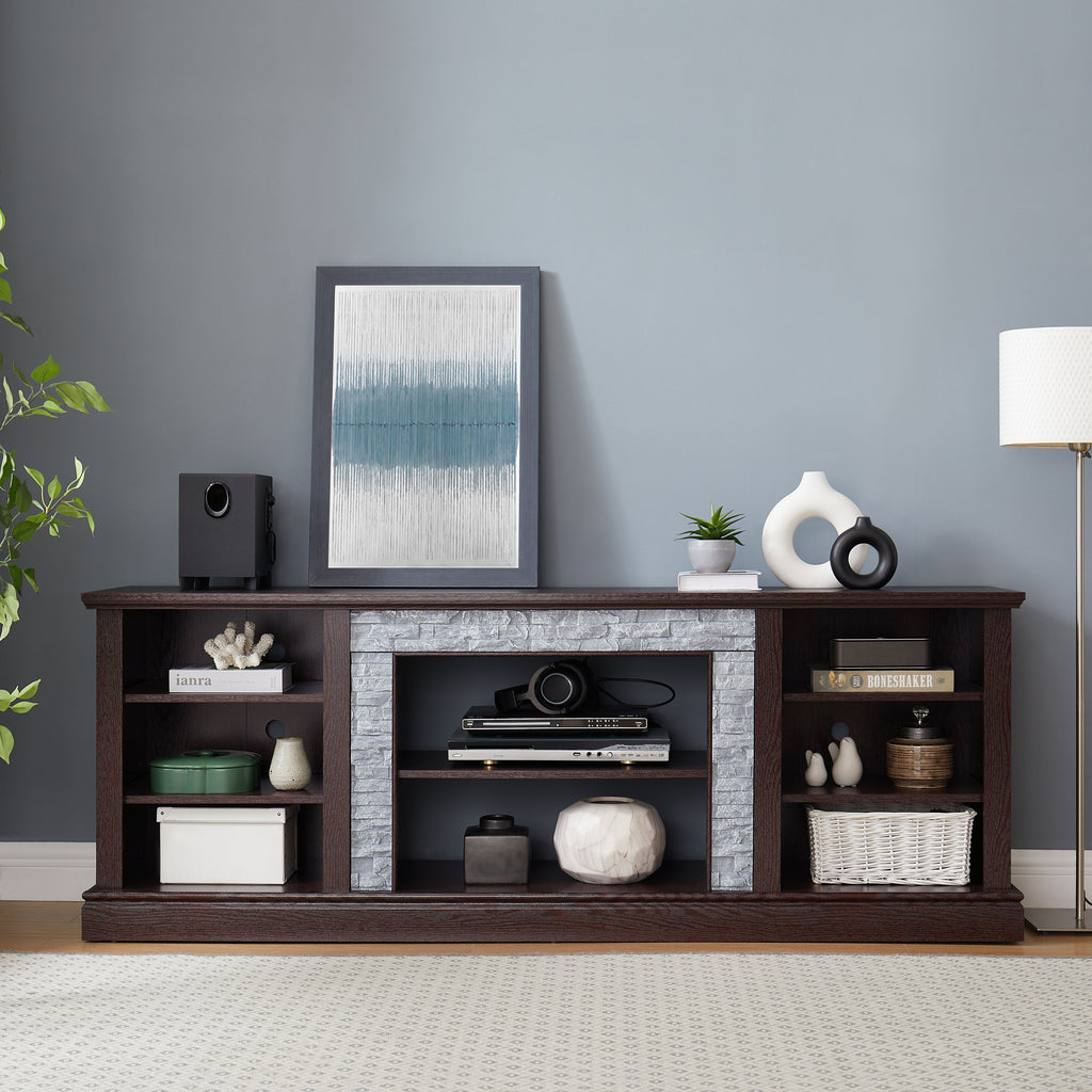 Large Faux Stacked Stone TV Stnad, Desk Storage Rack, Media Console Table with Large Storage Cabinet,Modern TV Media Entertaionment Stand,Cherry, 70.12'W*15.35'D*25.83'H
