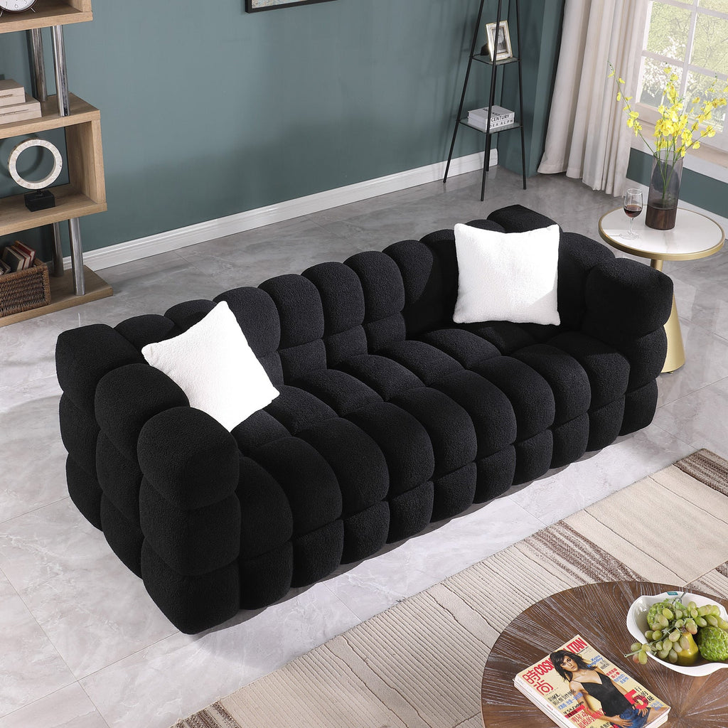 84.3 length ,35.83' deepth ,human body structure for USA people,  marshmallow sofa,boucle sofa ,black color,3 seater