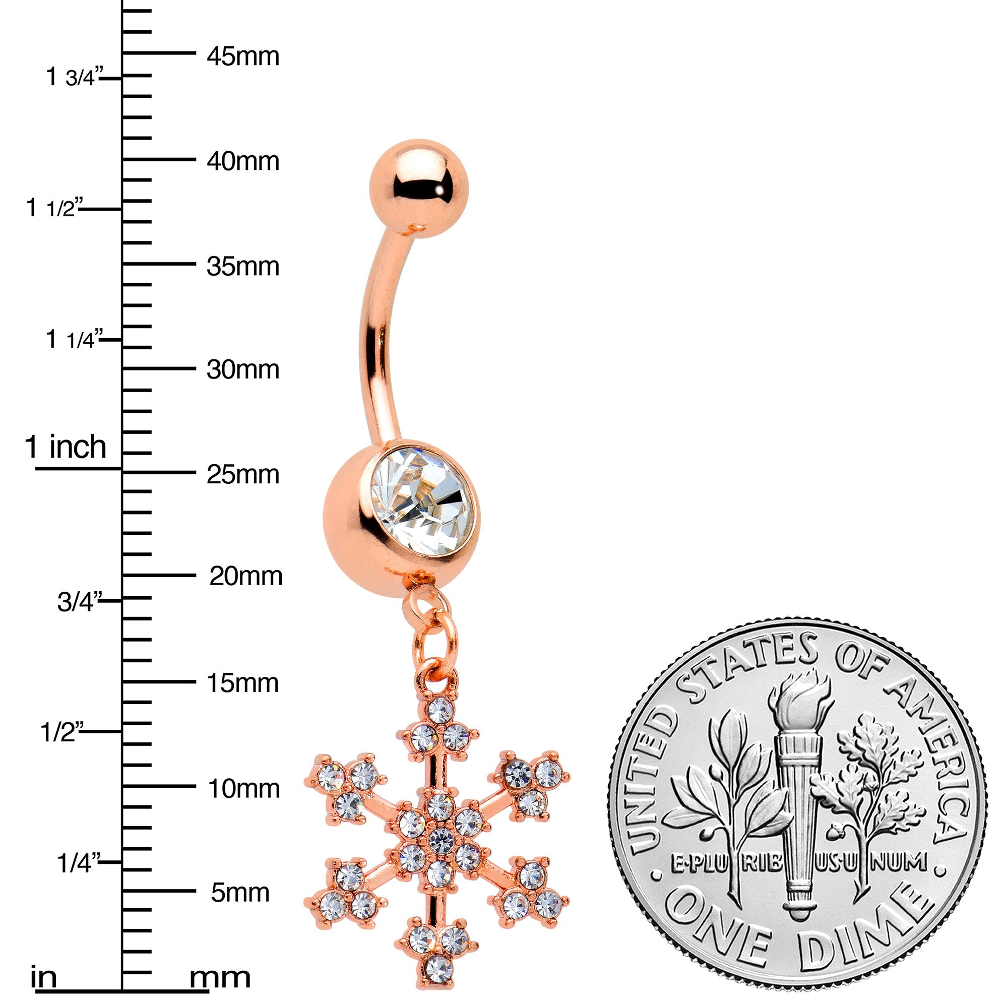 Clear Gem Rose Gold Tone Square Snowflake Holiday Dangle Belly Ring