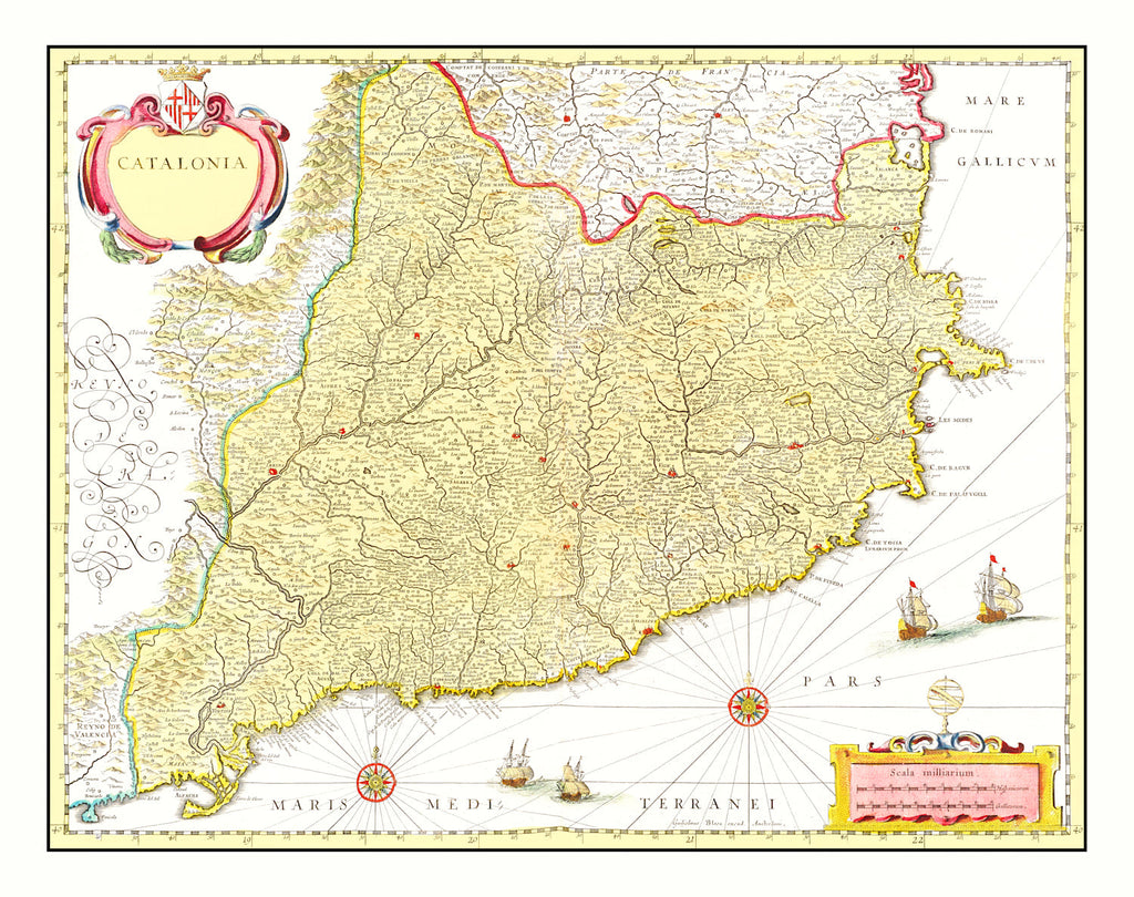 Vintage Map of Catalonia, Spain 1665