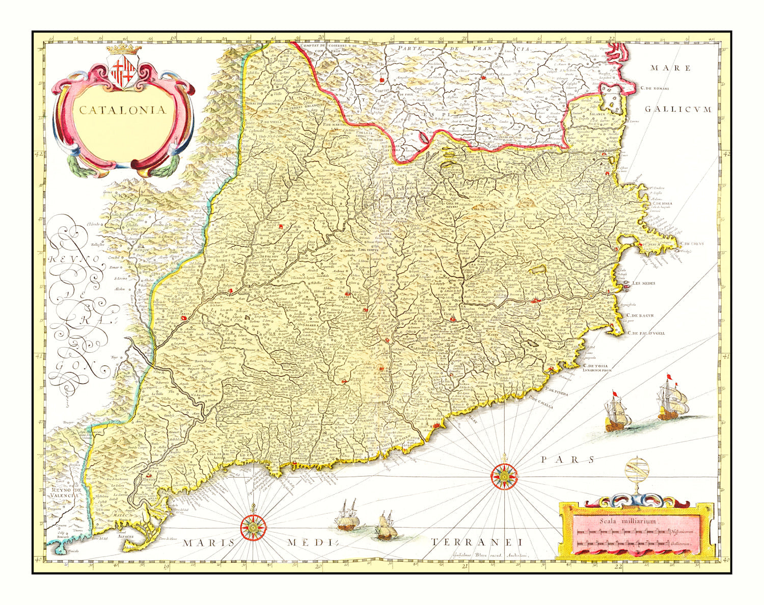 Vintage Map of Catalonia, Spain 1665