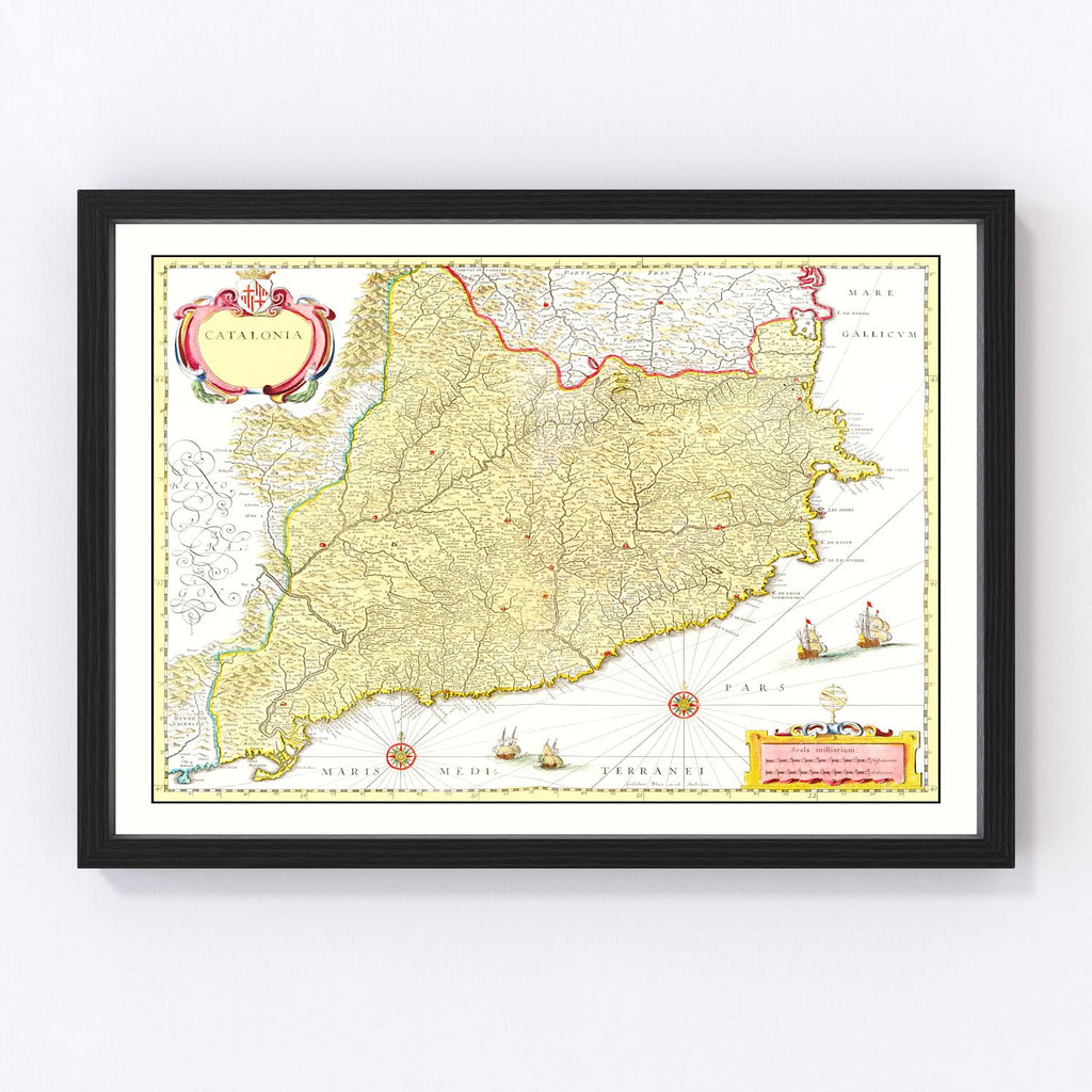 Vintage Map of Catalonia, Spain 1665