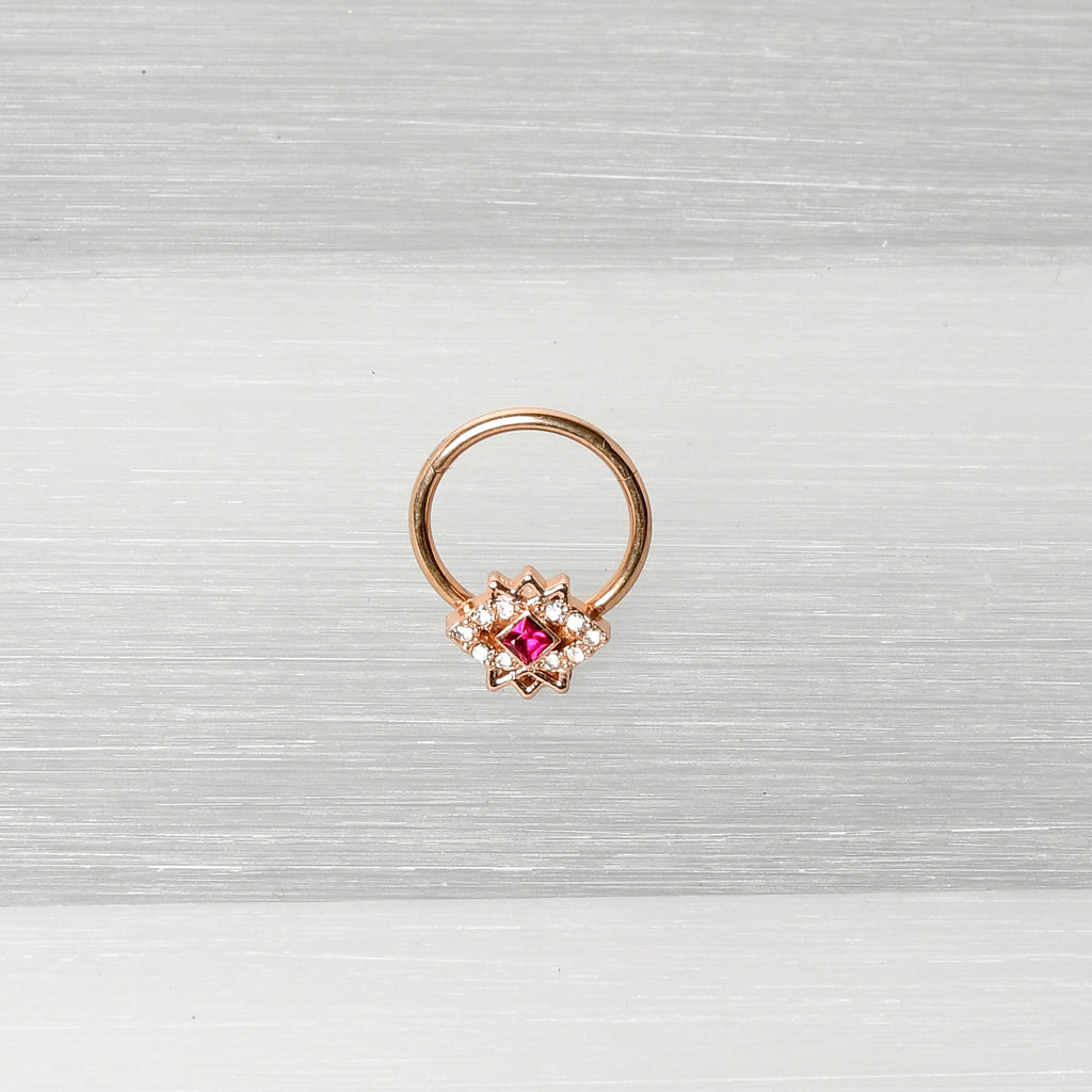 16G 3/8 Red Gem Rose Gold Tone Octogram Star Hinged Circular Ring