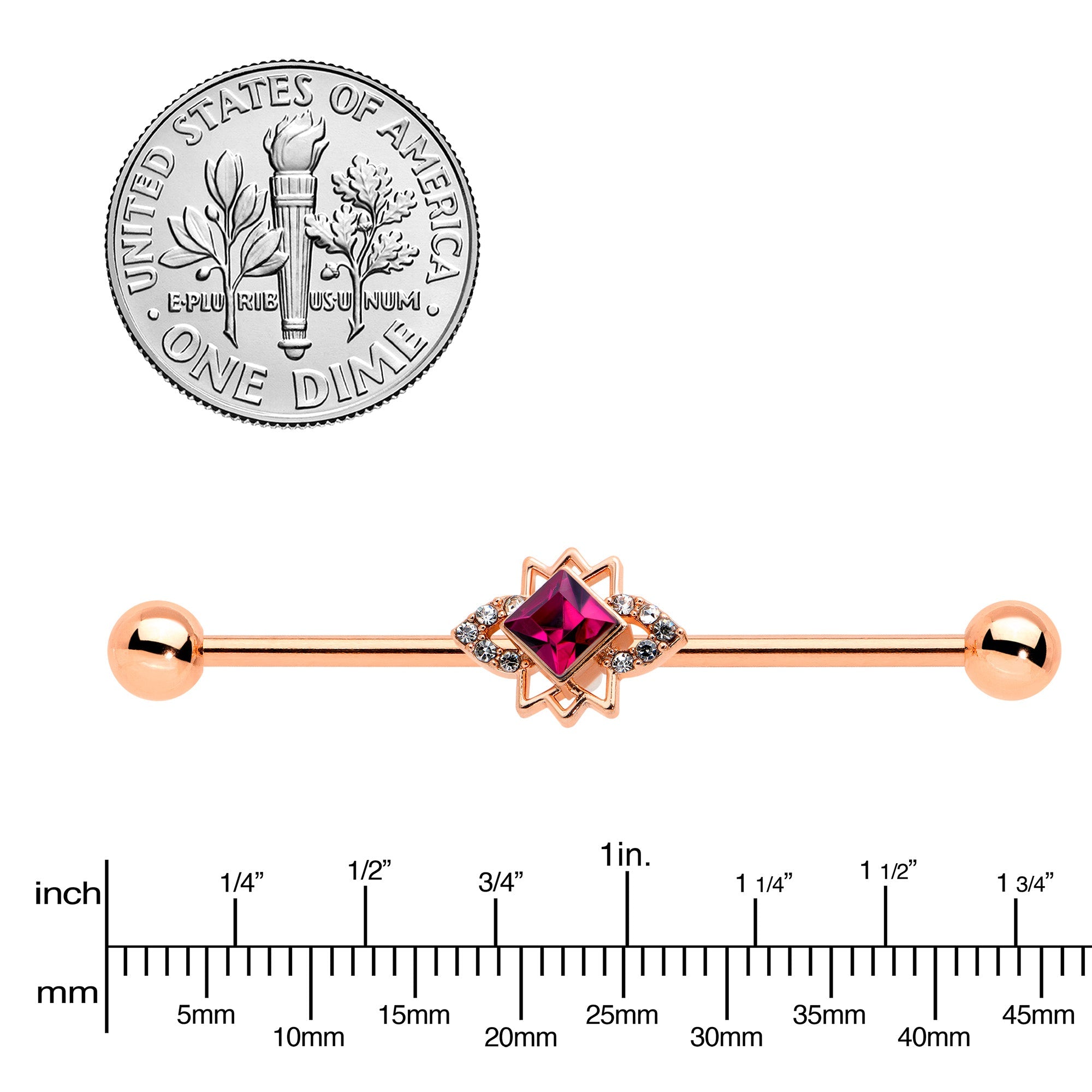 14G Red Gem Rose Gold Tone Octogram Star Industrial Barbell 38mm