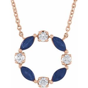 14K Rose Gold Natural Blue Sapphire & 1/10 CTW Natural Diamond Circle 18" Necklace