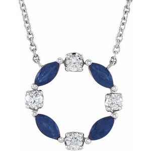 14K White Gold Natural Blue Sapphire & 1/10 CTW Natural Diamond Circle 18" Necklace