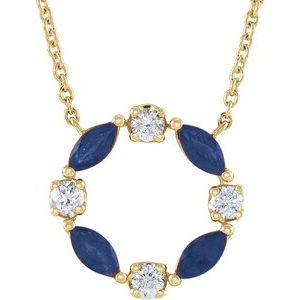 14K Yellow Gold Natural Blue Sapphire & 1/10 CTW Natural Diamond Circle 18" Necklace