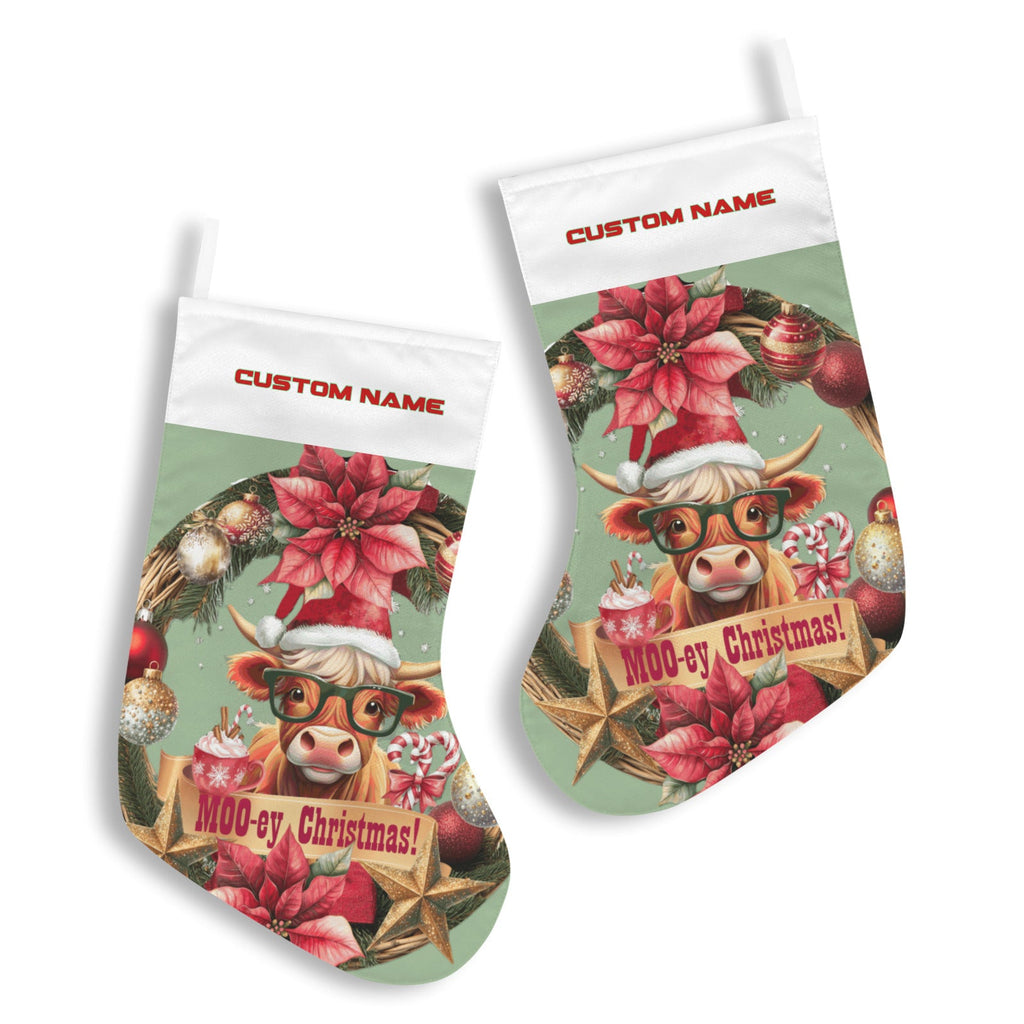 Personalizable Moo-ey Christmas Highland Cow with Glasses Christmas Stocking (Made in USA)