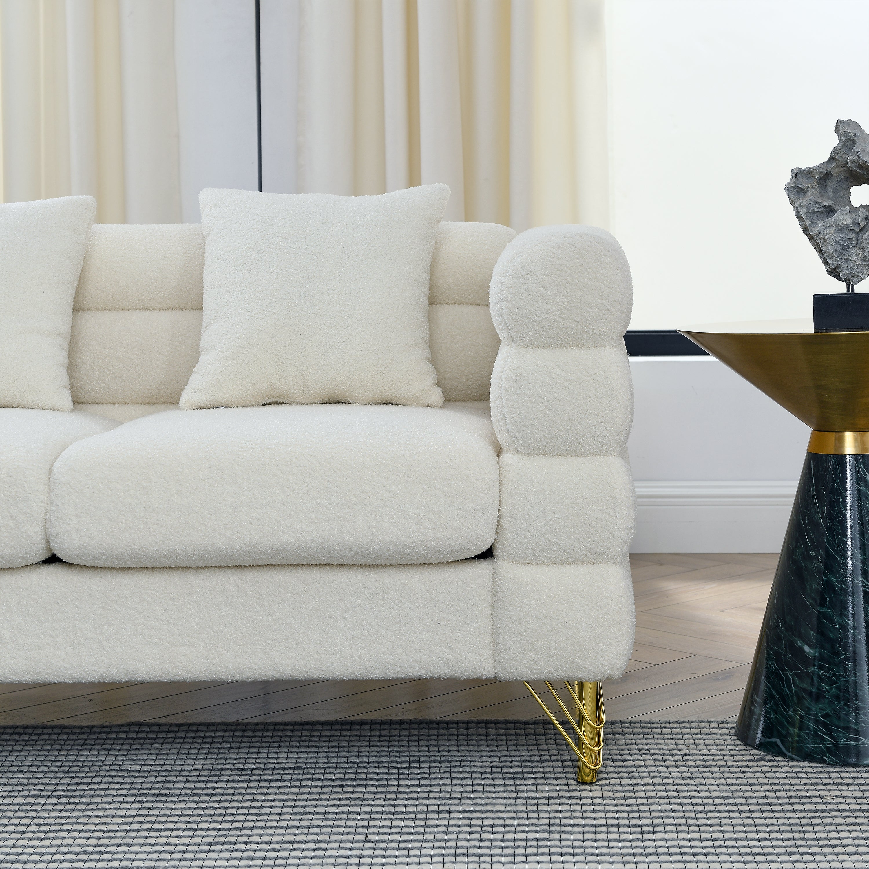 60Inch Oversized 2 Seater Sectional Sofa, Living Room Comfort Fabric Sectional Sofa-Deep Seating Sectional Sofa, Soft Sitting with 2 Pillows for Living Room, Bedroom  White teddy(Ivory)(W834S00029)