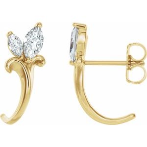 14K Yellow Gold Natural White Sapphire Floral J-Hoop Earrings