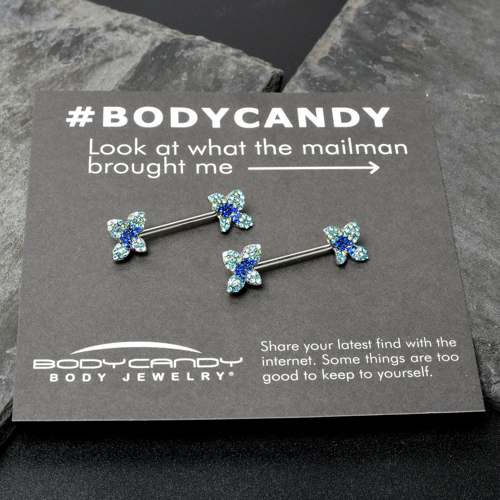 14G 9/16 Blue Gem Glamour Butterfly Barbell Nipple Ring Set