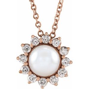 14K Rose Gold Cultured White Akoya Pearl & 1/6 CTW Natural Diamond Halo-Style 16-18" Necklace