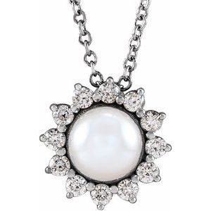Sterling Silver Cultured White Akoya Pearl & 1/6 CTW Natural Diamond Halo-Style 16-18" Necklace