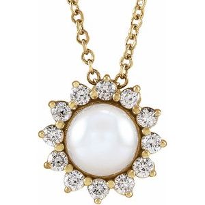14K Yellow Gold Cultured White Akoya Pearl & 1/6 CTW Natural Diamond Halo-Style 16-18" Necklace