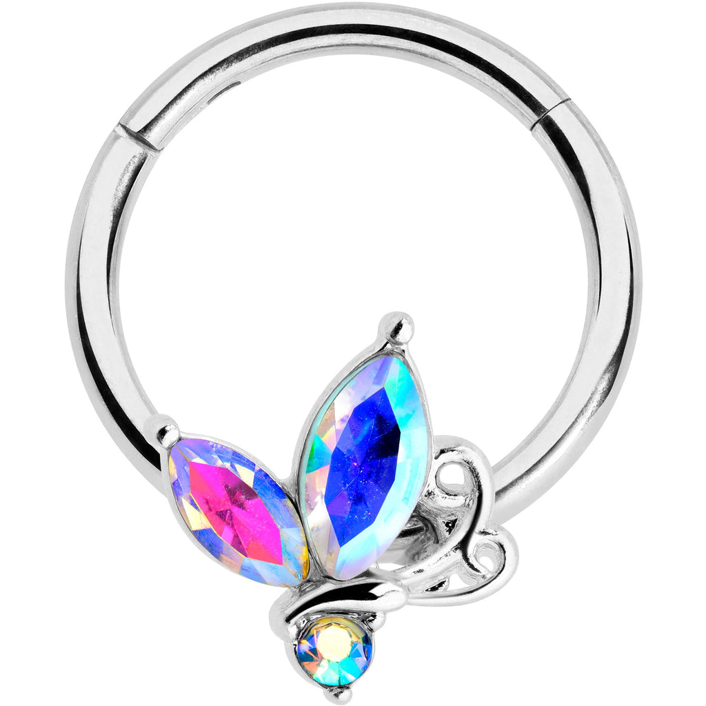 16G 3/8 Aurora CZ Gem Fleur de Lis Butterfly Hinged Segment Ring