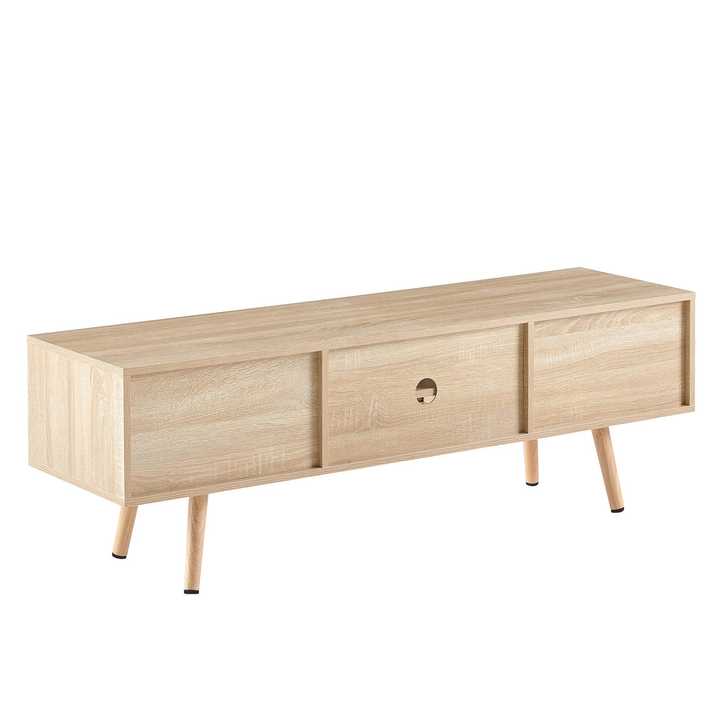 Natural Rattan TV Cabinet with Double Sliding Doors, Adjustable Shelf, Solid Wood Legs, 55.12 Inches
