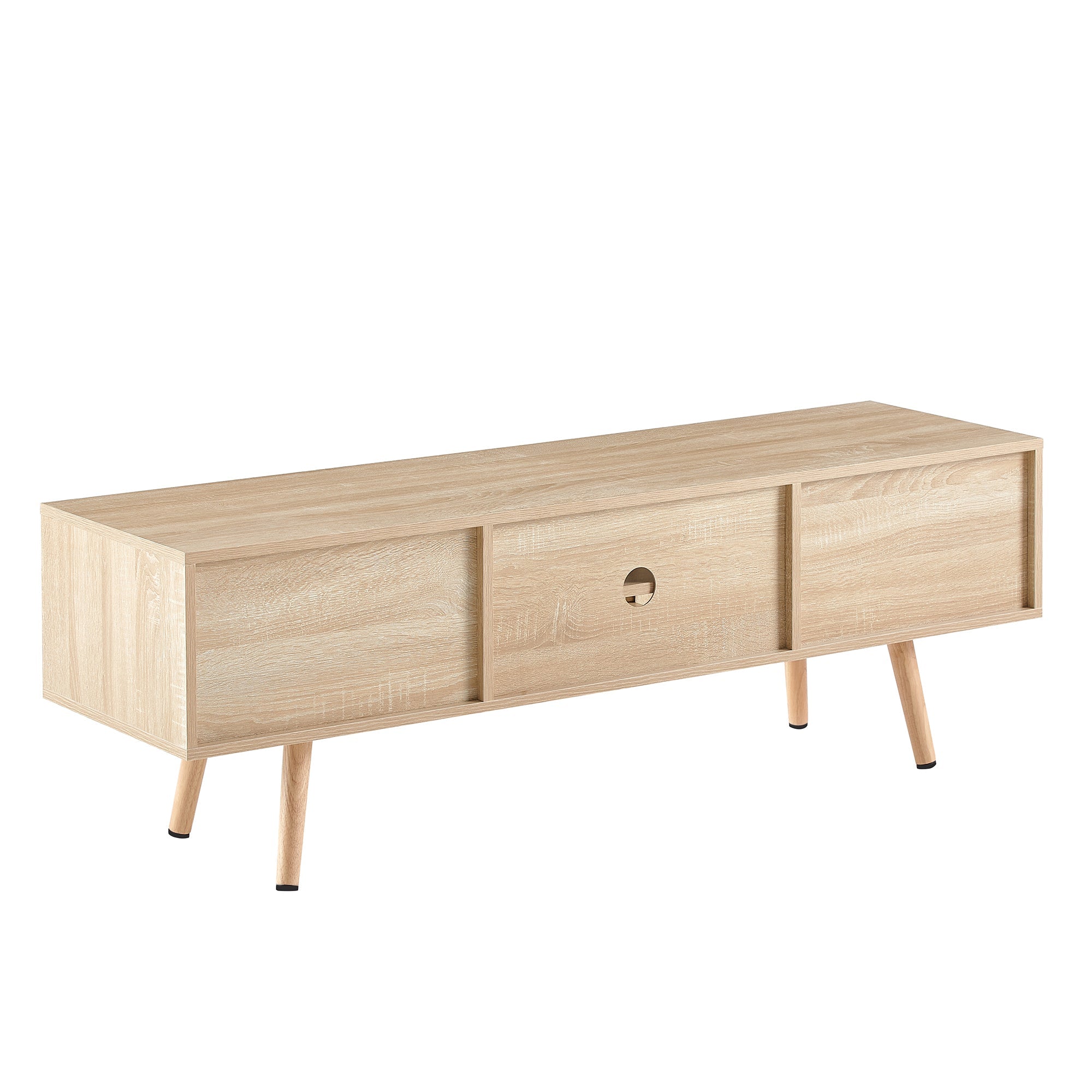 Natural Rattan TV Cabinet with Double Sliding Doors, Adjustable Shelf, Solid Wood Legs, 55.12 Inches