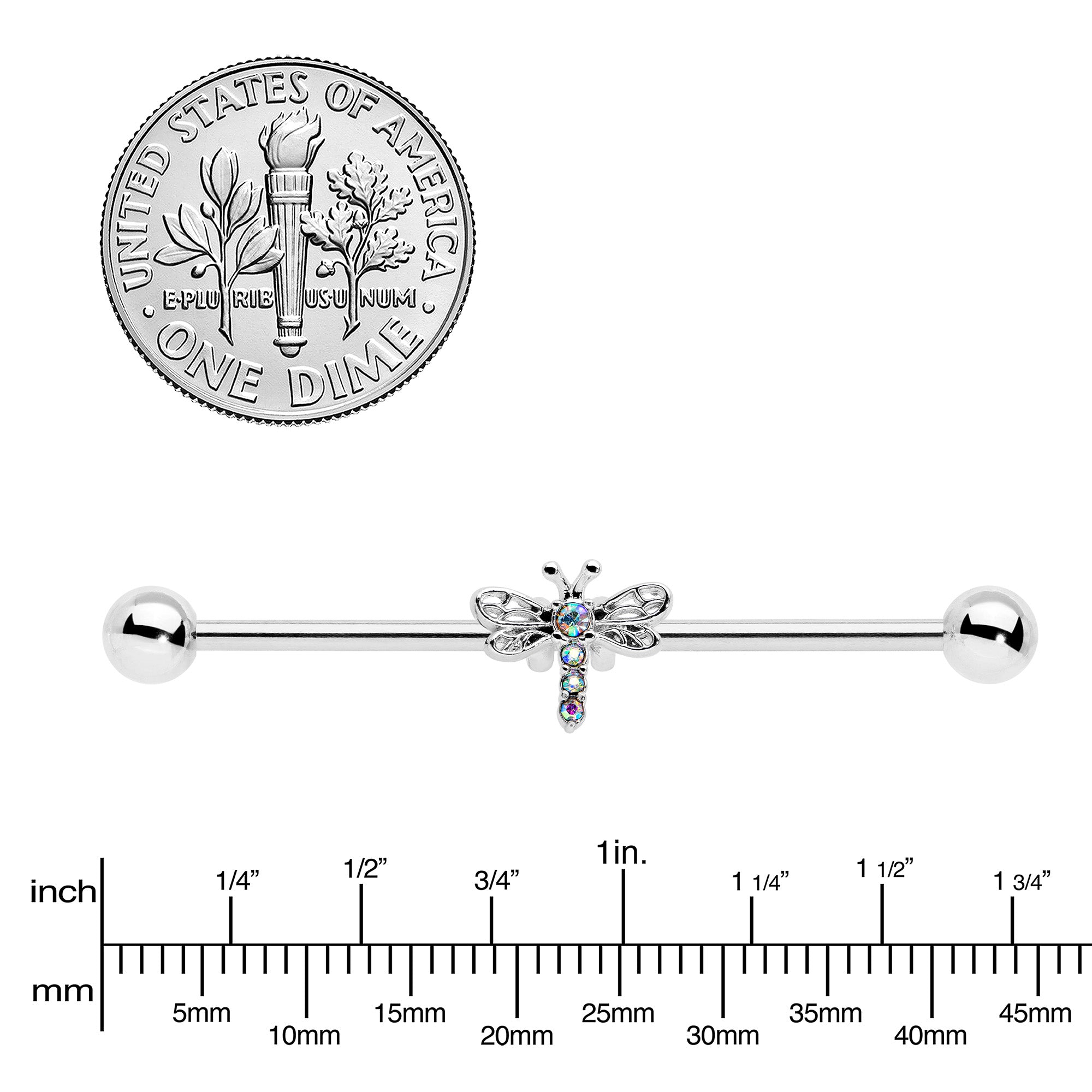 14G Aurora Gem Dragonfly Flying Industrial Barbell 38mm