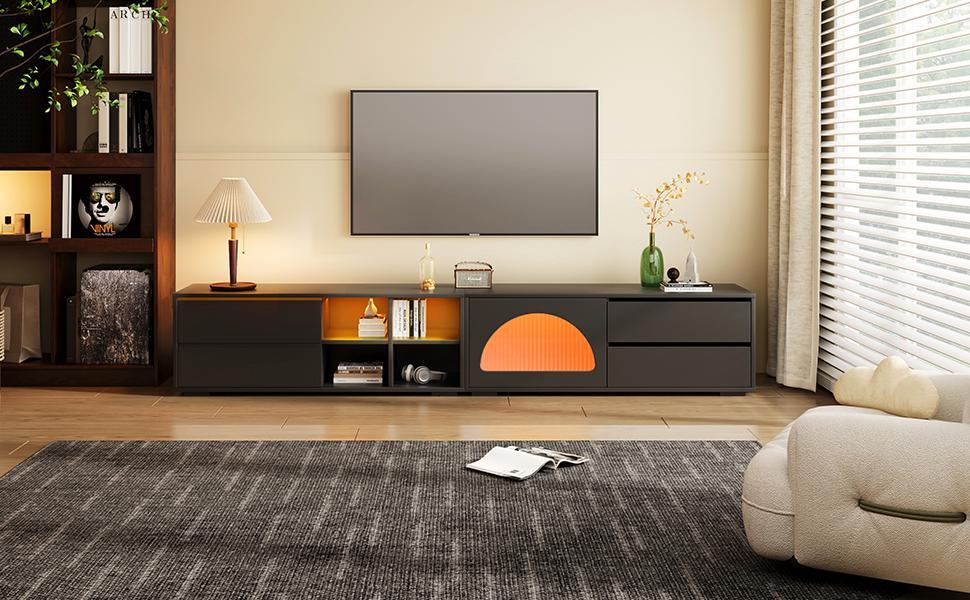 ON-TREND Modern TV Stand with Fluted Glass Door for TVs Up to 100', Media Console with Sliding Door & 2 Drawers, Free-Combination Entertainment Center with LED Light for Living Room, Bedroom, Black