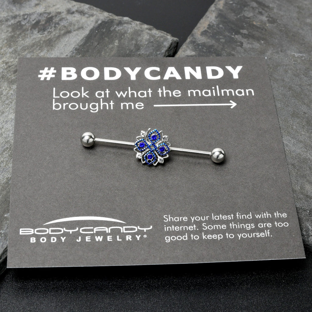 14G Clear Blue Gem Embellished Cross Industrial Barbell 38mm