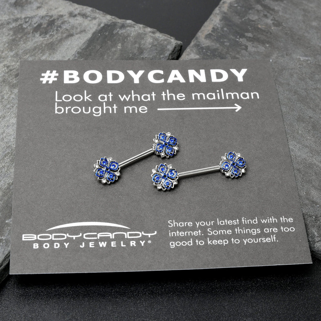 14G 9/16 Clear Blue Gem Embellished Cross Barbell Nipple Ring Set