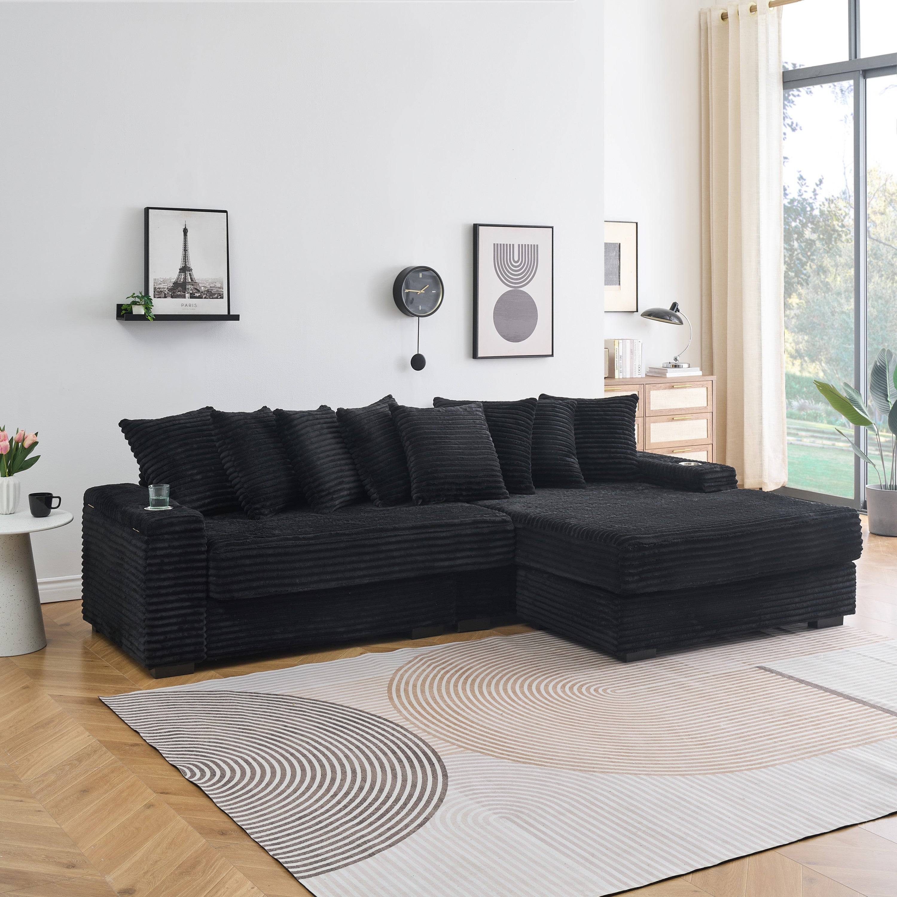 111.4 ' Black corduroy sofa, armrest with cup holder and storage function, recliner can be changed left and right, suitable for living room bedroom lounge area
