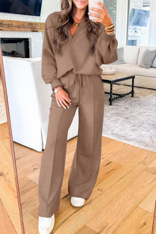 Solid V-Neck Pullover and Drawstring Sweatpants Se