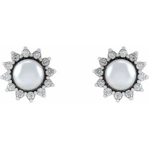 Sterling Silver Cultured White Akoya Pearl & 1/6 CTW Natural Diamond Halo-Style Earrings