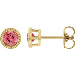 14K Yellow Gold 6 mm Natural Pink Tourmaline Beaded Bezel-Set Earrings