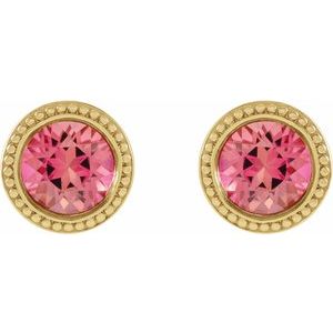 14K Yellow Gold 5 mm Natural Pink Tourmaline Beaded Bezel-Set Earrings – image 2