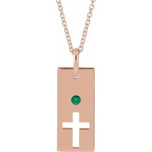 14K Rose Gold Natural Emerald Cross Bar 16-18" Necklace