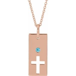 14K Rose Gold Natural Blue Zircon Cross Bar 16-18" Necklace