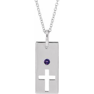 14K White Gold Natural Amethyst Cross Bar 16-18" Necklace