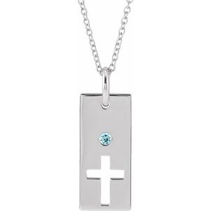14K White Gold Natural Aquamarine Cross Bar 16-18" Necklace