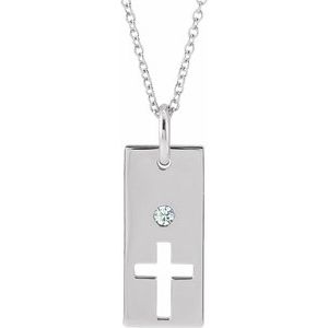14K White Gold .03 CT Natural Diamond Cross Bar 16-18" Necklace