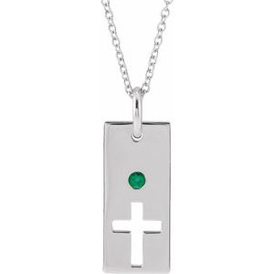 14K White Gold Natural Emerald Cross Bar 16-18" Necklace