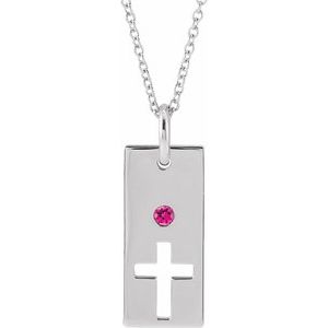 Sterling Silver Natural Pink Tourmaline Cross Bar 16-18" Necklace
