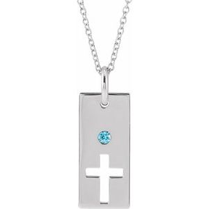 14K White Gold Natural Blue Zircon Cross Bar 16-18" Necklace