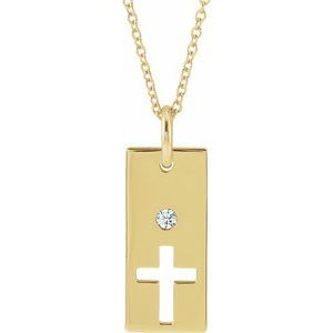 14K Yellow Gold .03 CT Natural Diamond Cross Bar 16-18" Necklace